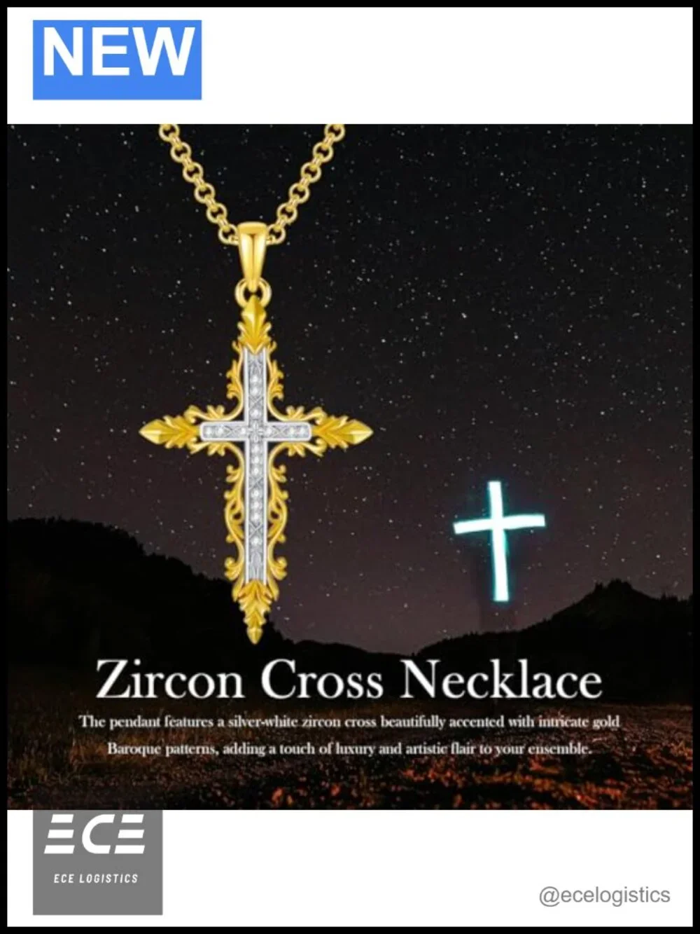 Baroque Cross Necklace 14K Yellow Gold Plated Sterling Silver CZ Pendant